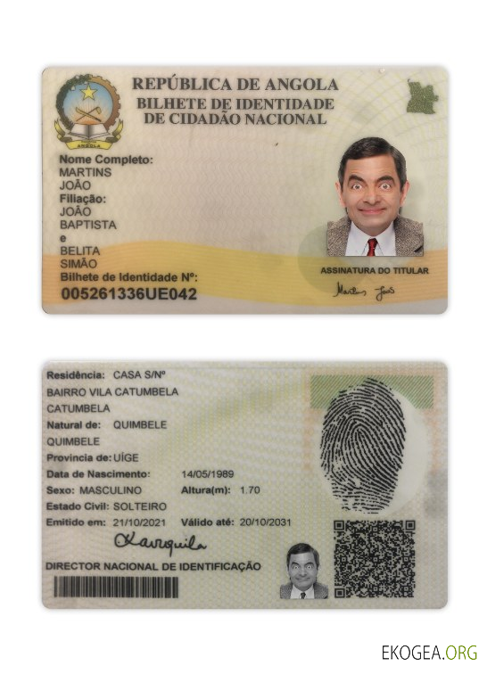 Carte d'identité angolaise 2021 présent